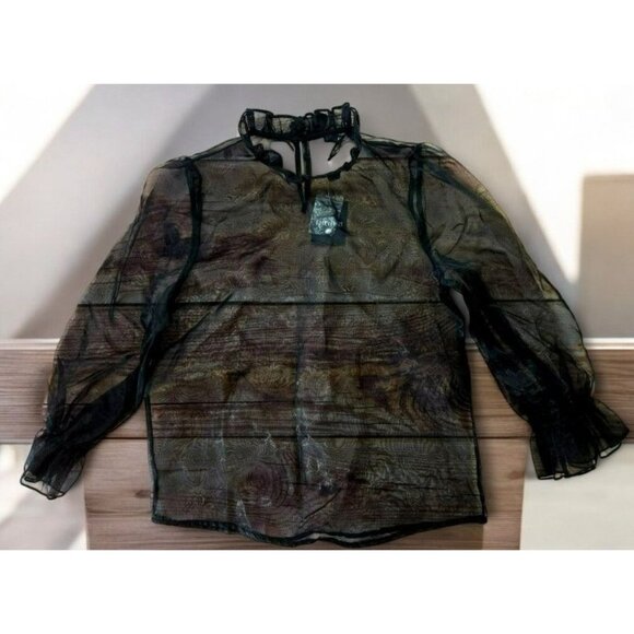 Forever 21 Sheer Black Ruffle Neck Blouse Small NEW NWT - Picture 2 of 6